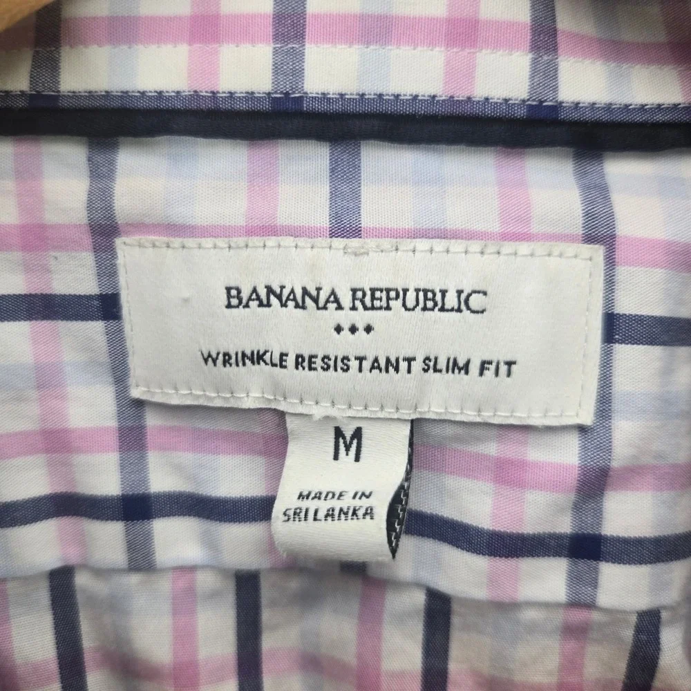 Banana Republic Shirt Mens M Slim Fit Wrinkle Resistant Plaid Button Up Pink Blu